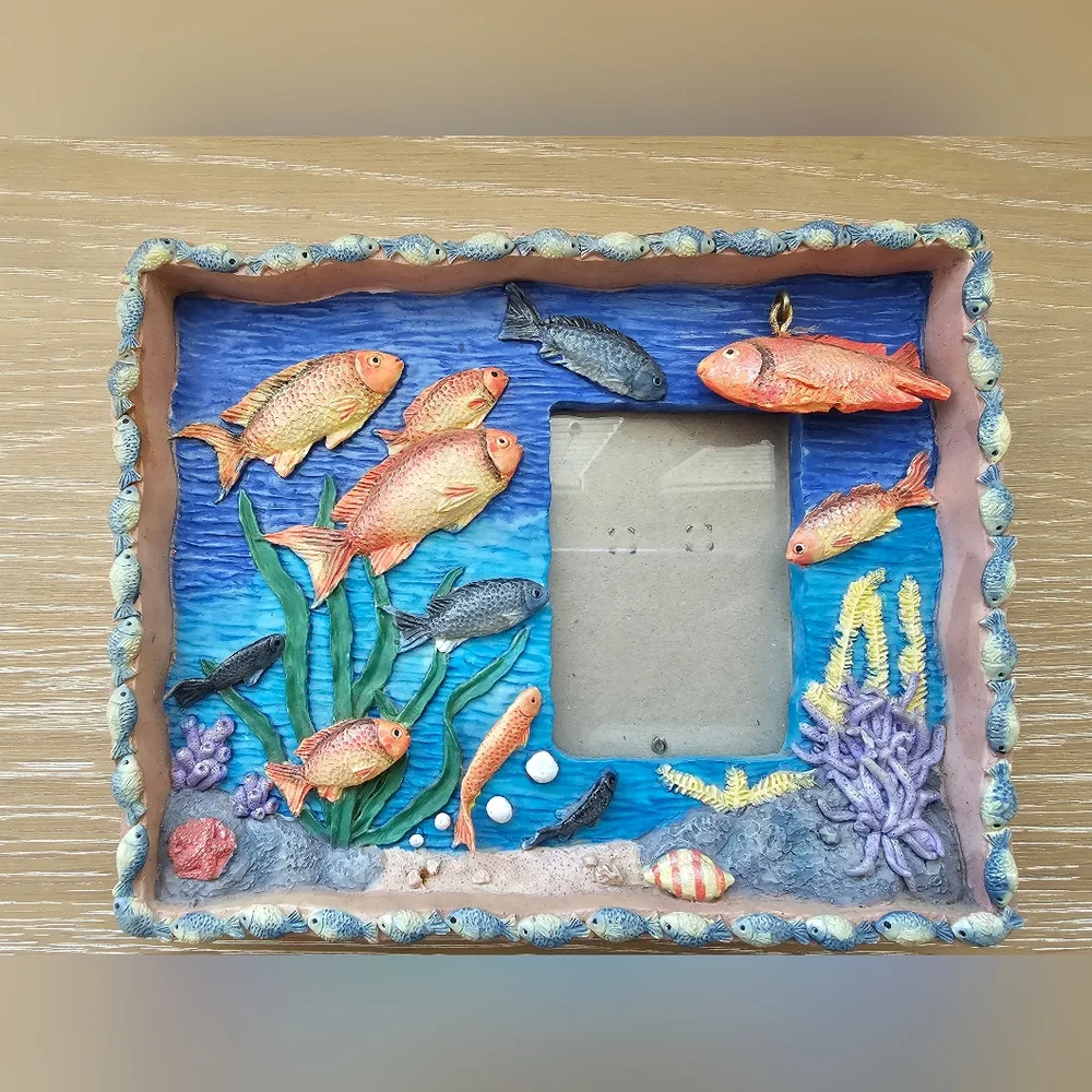 Vintage 3D Tropical Fish Coral Reef Picture Frame - Coastal Kitsch Nautical Deco